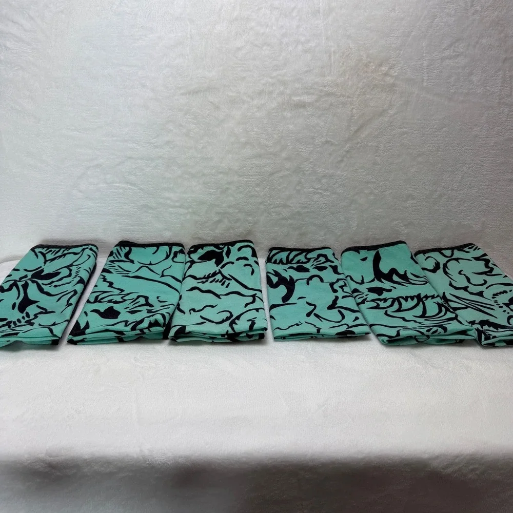 Pier 1 Imports 6 Large Turquoise‎ Black Abstract Floral Dinner Napkins Beachy